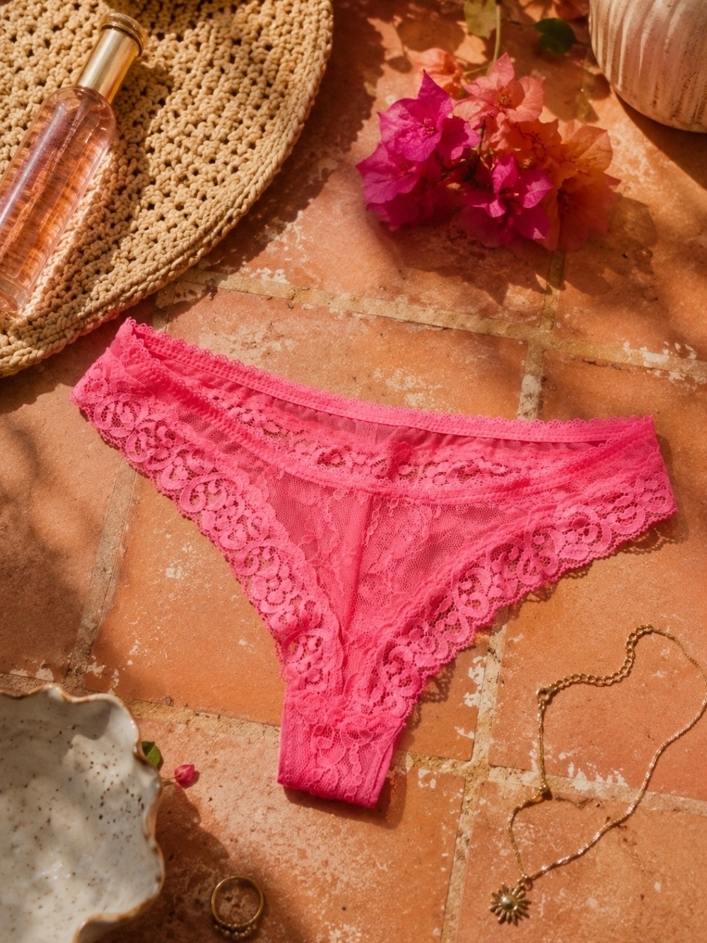 4/$15 Women's Lace Bikini Panty - Hot Pink Sz 6 M Thong Underwear Lingerie